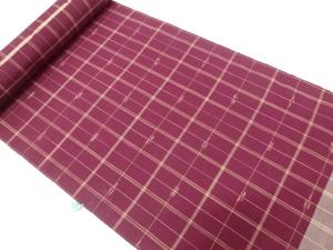 アンティーク　手織り紬　格子に絣柄織り出し　着尺反物